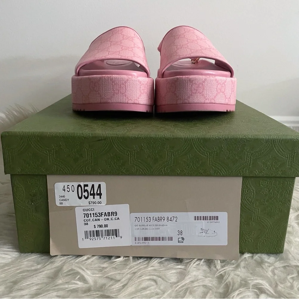 Gucci Angelina Pink GG Supreme Coated Canvas Slingback Platform Sandals 38 - Picture 3 of 16